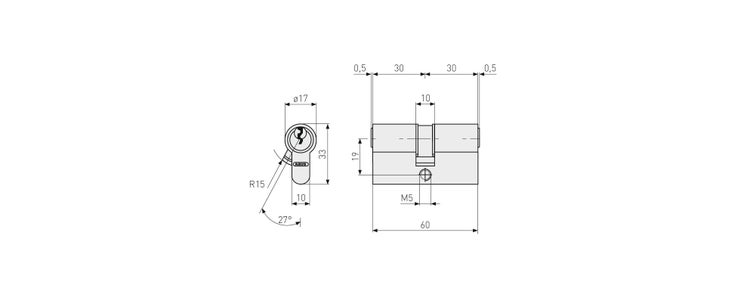 Technische Zeichnung eines ABUS Türzylinders mit Maßangaben in Millimeter. Gesamtlänge 60 Millimeter. ABUS Logo.
