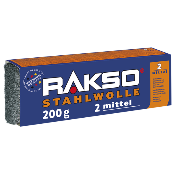 Rakso Stahlwolle Sorte 2 mittel, 200 Gramm Packung, hergestellt in Deutschland, zur Reinigung und Politur.
