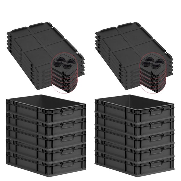 PROREGAL SparSet 10x Eurobox NextGen Grip mit Auflagedeckel inkl. 4 schwarzen Schiebeschnappverschlüssen, HxBxT 12x40x60cm, 23 Liter, Schwarz, Griffe geschlossen, Eurobehälter, Transportbox, Transportbehälter, Stapelbehälter