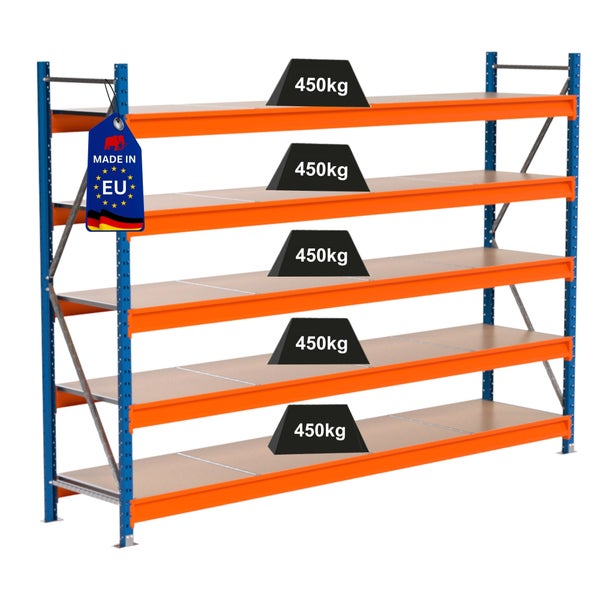 Regal mit fünf Ebenen, Belastbarkeit 450 Kilogramm pro Ebene und Made in EU Kennzeichnung