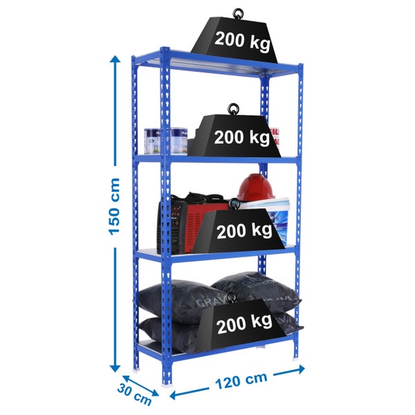 Schwerlastregal MID METAL SHARK | HxBxT 150x120x30cm | Fachlast 200kg | Blau-Verzinkt