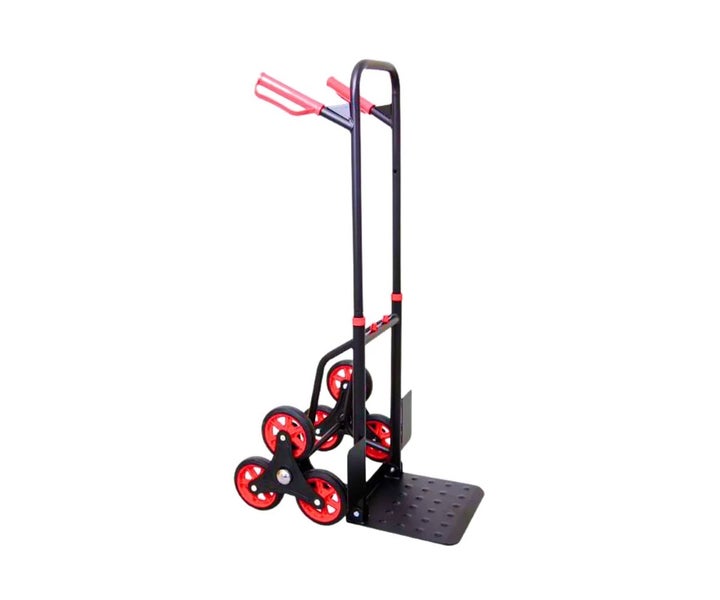 PROREGAL Klappbarer Profi-Treppensteiger TAURUS 150 HxBxT 110 x 45 x 61 cm Traglast 150 kg Stahlrahmen Ergonomische Griffe TPR-Gummiräder Rot-Schwarz