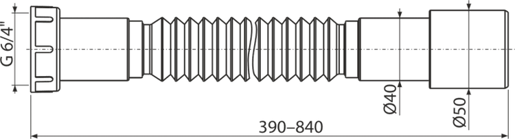 Maßskizze flexibler Ablaufschlauch, Anschluss G 6 durch 4 Zoll, Länge 390 bis 840 Millimeter, Durchmesser 40 und 50 Millimeter.