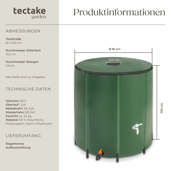 Tectake Logo und Infografik einer 500 Liter Regentonne mit Abmessungen und technischen Daten.