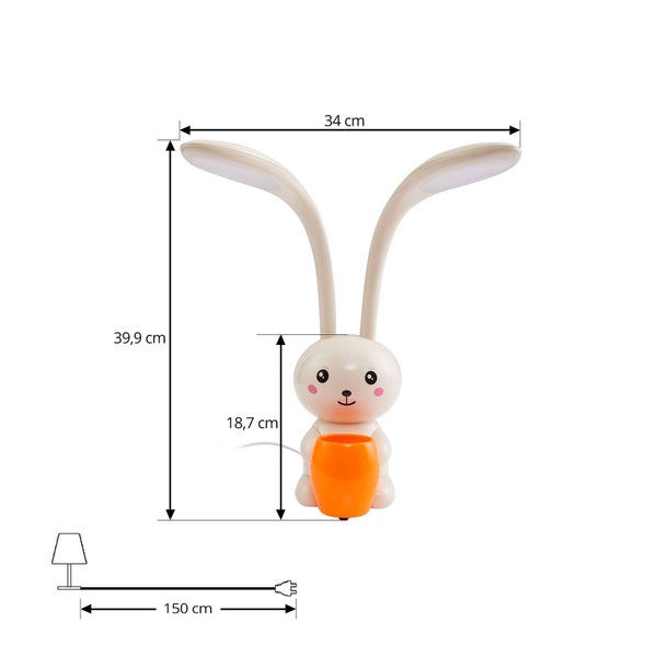 Schreibtischleuchte für Kinder in Hasenform mit Stifthalter. Höhe 39,9 Zentimeter, Breite 34 Zentimeter und Kabellänge 150 Zentimeter.
