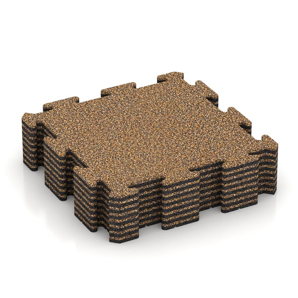 Stapel ineinandergreifender Bodenschutzmatten aus Kork und Gummigranulat mit verzahntem Rand.