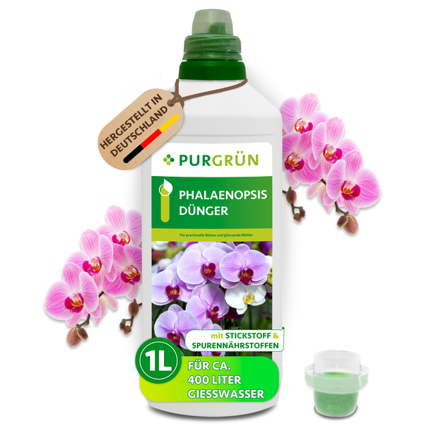 Purgrün Phalaenopsis-Dünger, hergestellt in Deutschland, 1 Liter, für circa 400 Liter Gießwasser, mit Stickstoff und Spurennährstoffen.