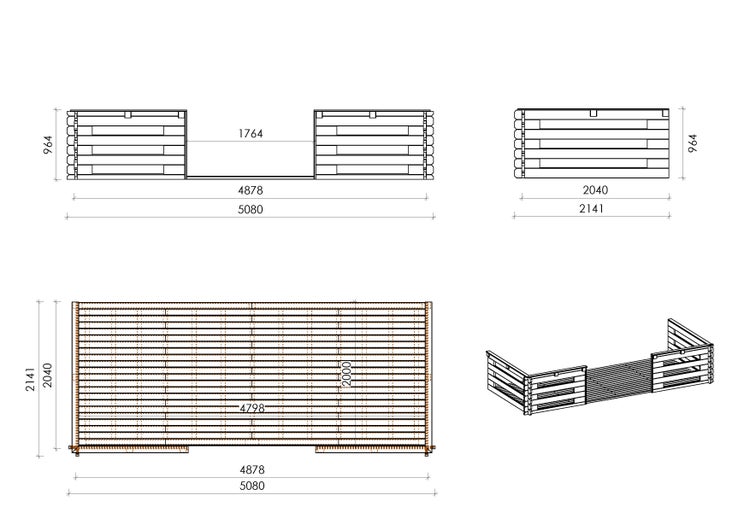 Veranda zum Gartenhaus 5x2 m - Farbe Holz