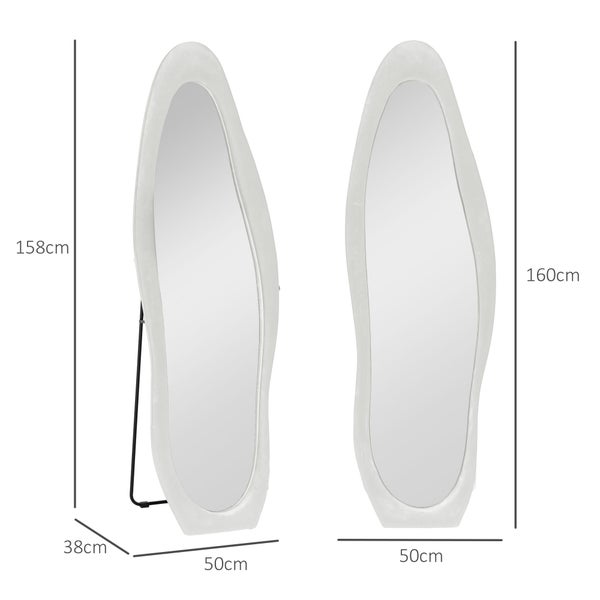 HOMCOM Ganzkörperspiegel, 160 x 50 cm unregelmäßiger gewellter Standspiegel mit samtartiger Rahmenbezug, Groß Wandspiegel, Ankleidespiegel für Wohnzimmer, Schlafzimmer, Garderobe, Flur, Weiß