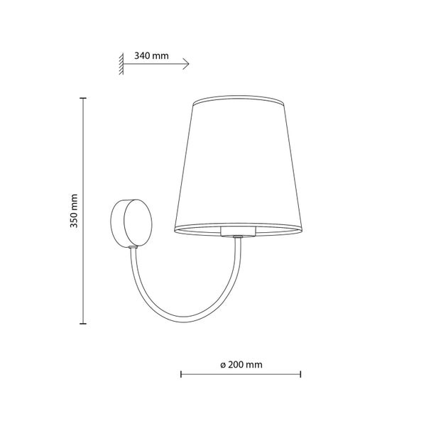 Technische Zeichnung einer Wandleuchte mit den Maßen 350 mm Höhe, 340 mm Ausladung und 200 mm Durchmesser