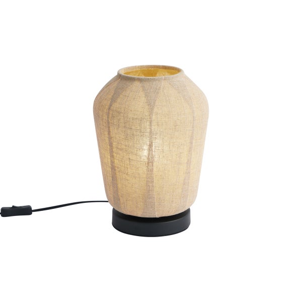 Tischleuchte mit beigem Stoffschirm in Vasenform und schwarzem Sockel inklusive Schnurschalter.