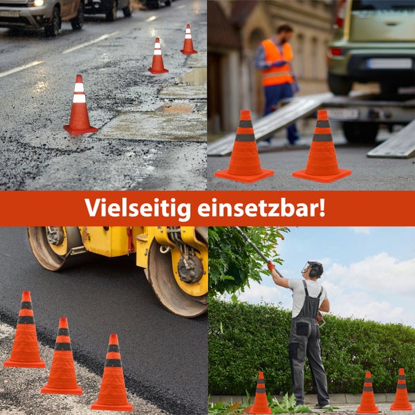 Mehrere Warnkegel im Einsatz bei Straßenbauarbeiten und bei der Gartenarbeit zur Absicherung von Gefahrenstellen im Freien.