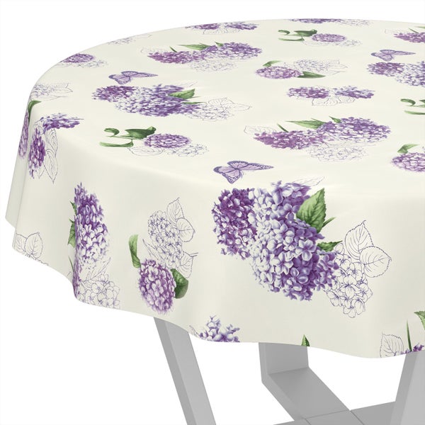Runde Tischdecke mit lila Hortensien und Schmetterlingen.