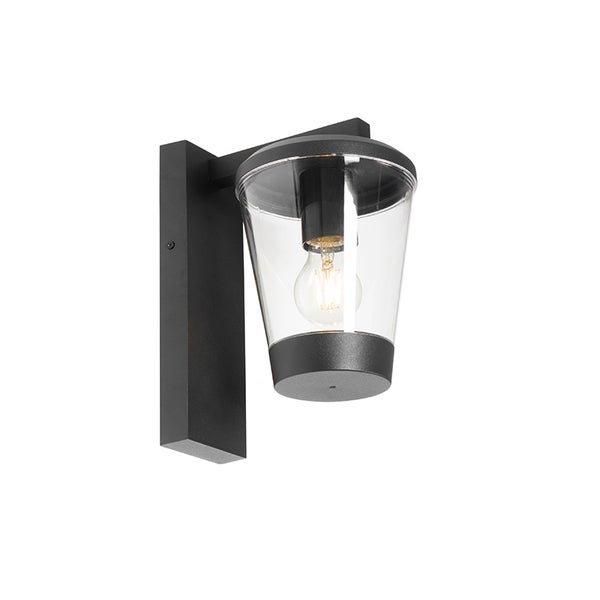 Moderne Außenwandleuchte mit schwarzem Metallgestell und transparentem kegelförmigem Schirm mit sichtbarer Glühbirne.