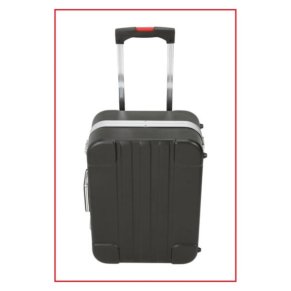 Schwarzer Werkzeugkoffer-Trolley aus Hartschale mit Aluminiumrahmen, Rollen und aufklappbaren Werkzeugtafeln.