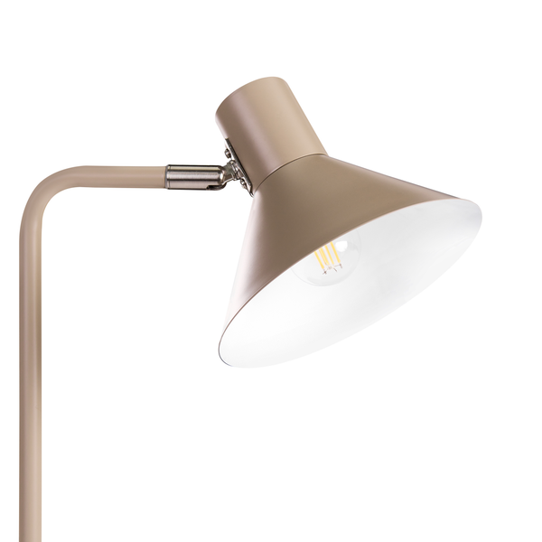 Verstellbarer beigefarbener Lampenkopf aus Metall mit kegelförmigem Schirm und LED-Leuchtmittel.