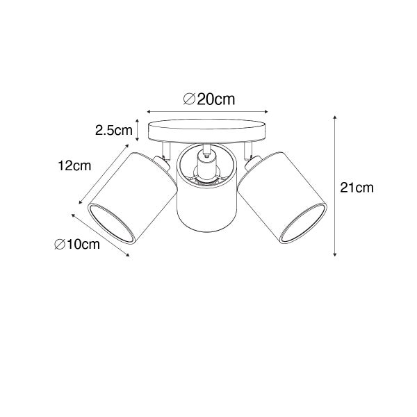 Technische Zeichnung eines Deckenstrahlers mit drei Spots und Maßangaben in Zentimeter: Gesamthöhe 21, Basis 20, Spots 12 mal 10.