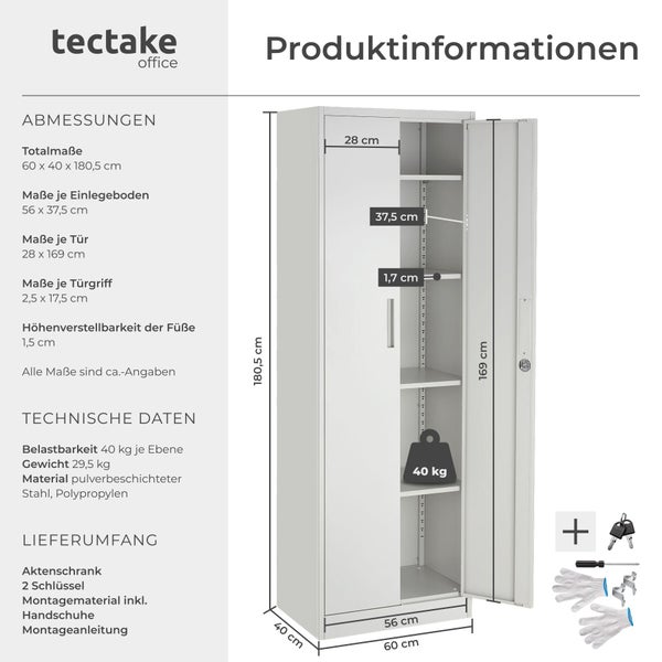 tectake Metall-Aktenschrank, Maße circa 180,5 mal 60 mal 40 Zentimeter. Belastbarkeit circa 40 Kilogramm pro Boden. Inklusive Montagezubehör.