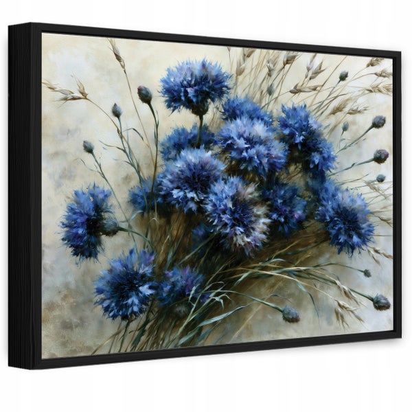 Wandbild mit Motiv von Kornblumen und Ähren im schwarzen Rahmen als dekoratives Kunstwerk für Wohnräume.