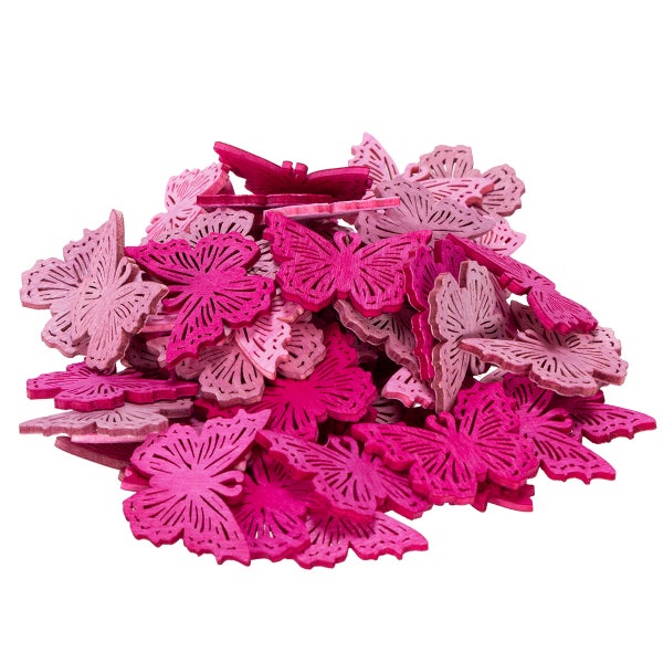 Holzschmetterlinge in verschiedenen Rosatönen für Dekorationen und Bastelarbeiten