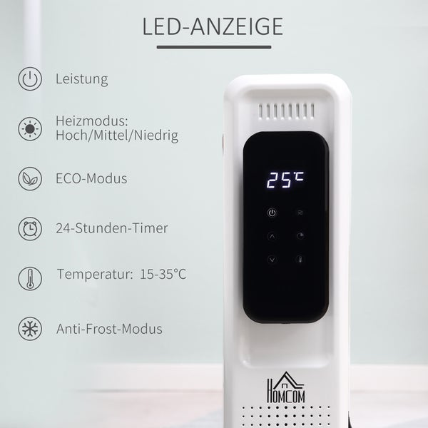 HOMCOM Ölradiator tragbar elektrisch Heizkörper 2500W 3 Heizstufen 24-Stunden-Timing elektrische Heizung 11 Heizplatten mit 4 Rollen Weiß Stahl 50,5 x 24 x 63 cm