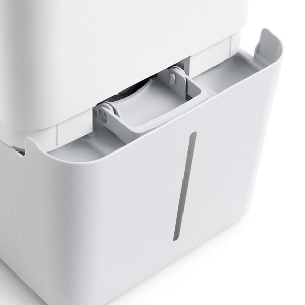 Detailansicht eines herausnehmbaren Wassertanks für Luftentfeuchter mit Tragegriff und Wasserstandsanzeige.