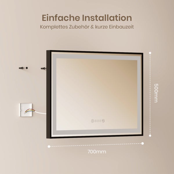 EMKE LED Badspiegel mit Beleuchtung 700×500 mm, Mattierter Spiegelrand, 4300K Neutrallicht, Antibeschlag & Uhr, Schwarzer Rahmen, für Badezimmer geeignet