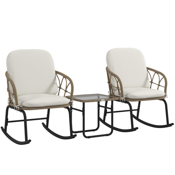 Outsunny 3-tlg. Rattan Schaukelstuhl-Set, Gartenmöbel-Set mit 2 Schaukelstühlen, 1 Couchtisch, mit Kissen, für Balkon, Terrasse, 63L x 82B x 75H cm, Stahl, PE Rattan, Creme