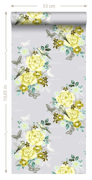 Tapetenrolle mit Blumen, Vögeln und Schmetterlingen, 53 cm breit und 10,05 m lang