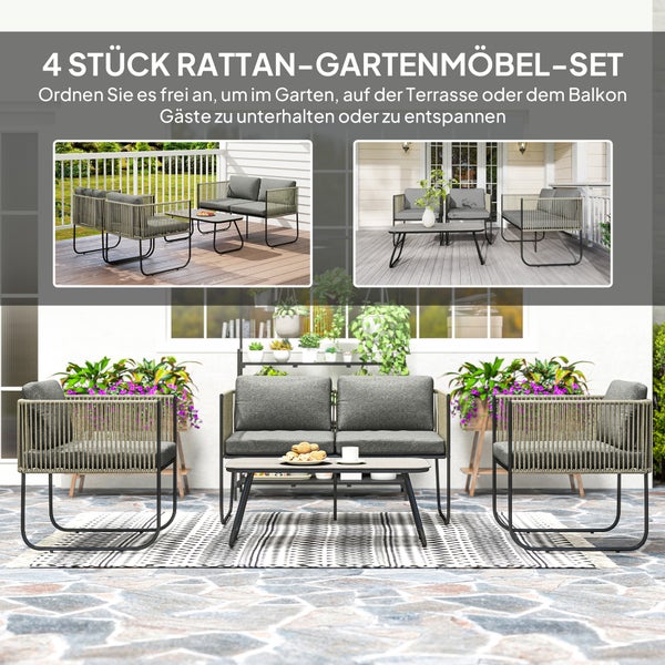 Vierteiliges Rattangartenmöbelset mit Sofa, Sessel und Tisch für Garten oder Terrasse