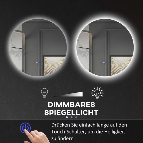 kleankin Badspiegel mit Beleuchtung, Wandspiegel mit 3 Lichtfarben, IP44 Lichtspiegel mit Touch-Schalter, Memory-Funktion, Badezimmerspiegel mit Anti-Beschlag, Ø60 x 3,5 cm