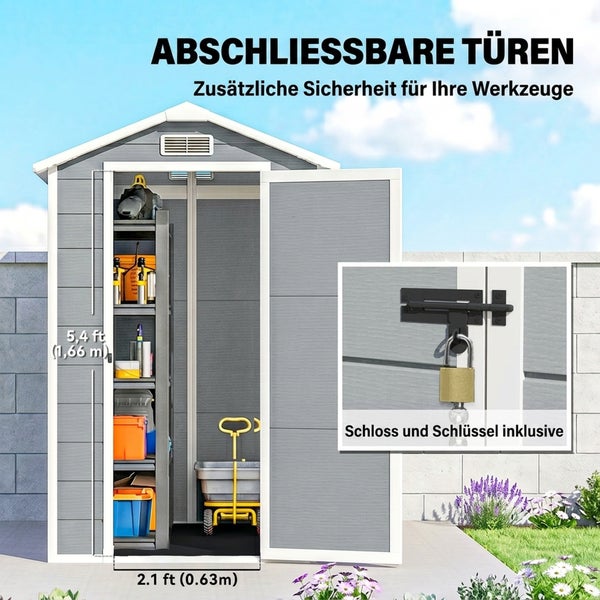 Gartengerätehaus mit abschließbarer Tür, inklusive Schloss und Schlüssel, bietet sichere Aufbewahrung für Werkzeuge im Garten.