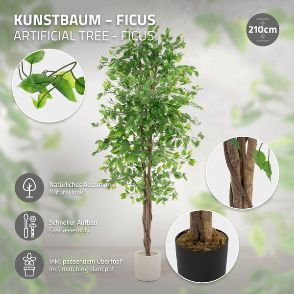 Künstlicher Ficus Baum mit einer Höhe von 210 Zentimetern in passendem Pflanztopf