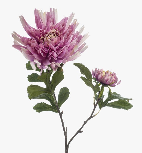 Künstliche Chrysantheme mit zwei violetten Blüten, grünen Blättern und Stiel.