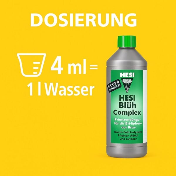 Dosierung für Hesi Blüh Complex: 4 Milliliter auf 1 Liter Wasser.