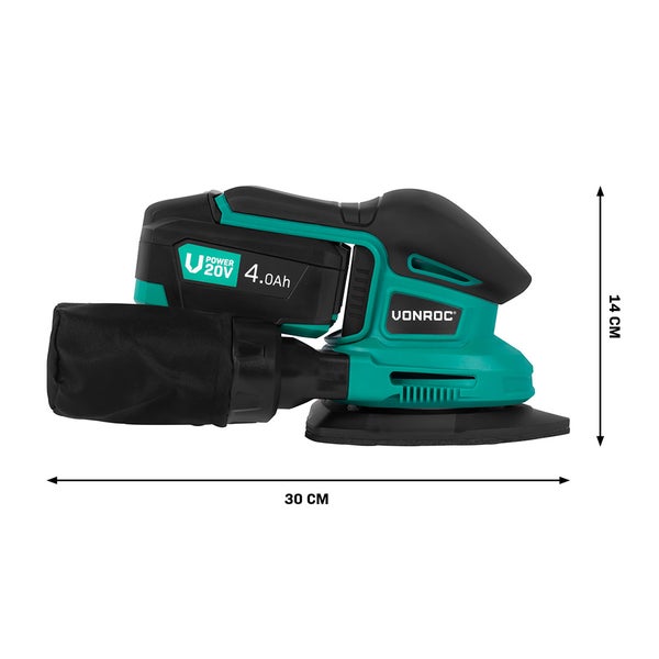 VONROC Dreieckschleifer, Akku-betriebenes Werkzeug mit Staubbeutel und den Maßen 30 mal 14 Zentimeter