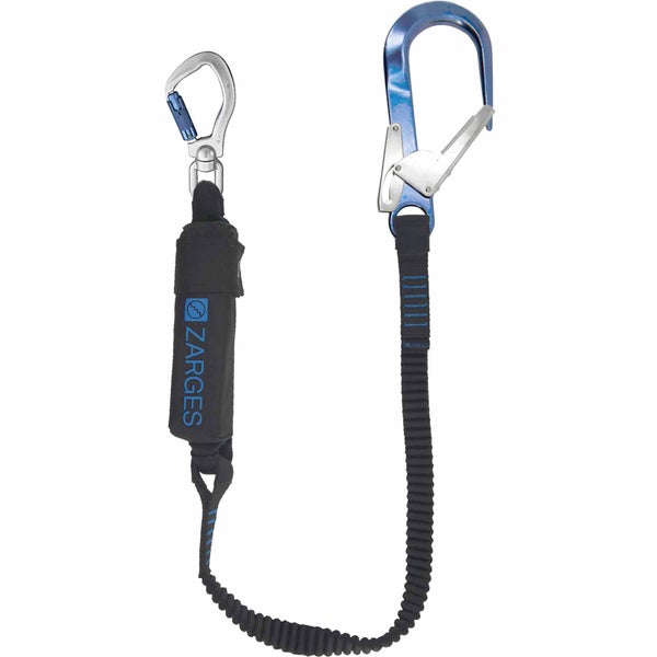 Zarges Verbindungsmittel mit Falldämpfer, elastisches Gurtband, Karabiner und Gerüsthaken zur Absturzsicherung.