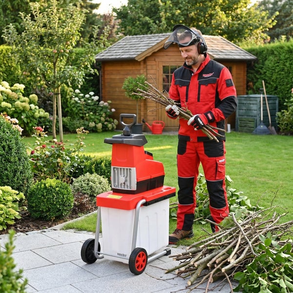 Gartenhäcksler im Einsatz: Mann mit Schutzausrüstung häckselt Äste in einem üppigen Garten.
