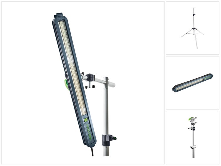 Festool Baustrahler-Set bestehend aus klappbarem Stativ, Klemmhalterung und LED-Arbeitsleuchte mit Anschlusskabel.