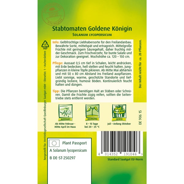 Stabtomaten Goldene Königin Samen von Quedlinburger SAATGUT