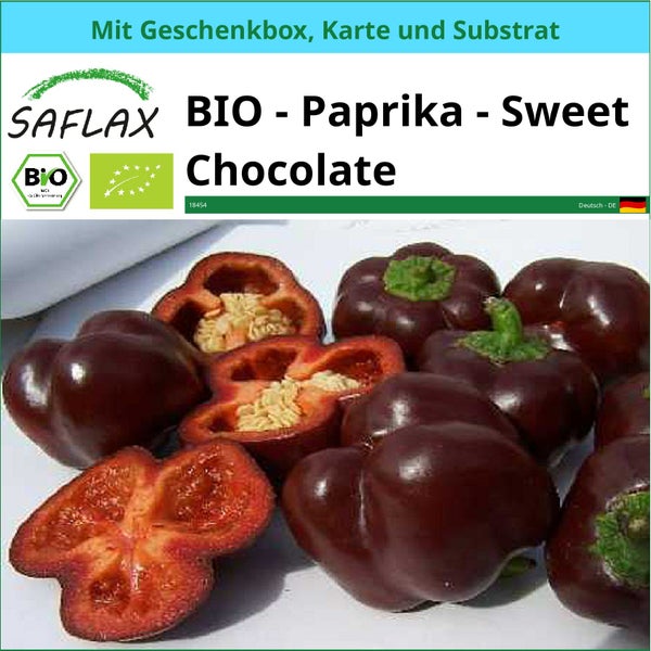 SAFLAX Geschenk Set - BIO - Paprika - Sweet Chocolate - Capsicum annuum - 10 Samen - Mit Geschenkbox, Versandaufkleber, Geschenkkarte und Anzuchtsubstrat