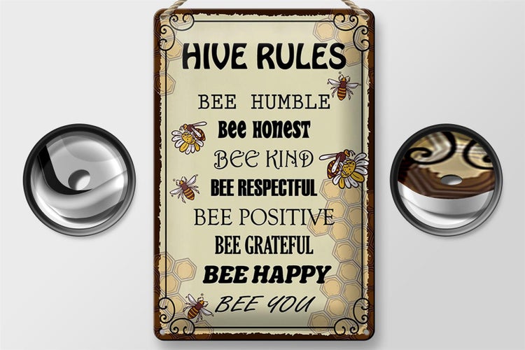 Blechschild Spruch 20x30cm Hive rules bee humble honest