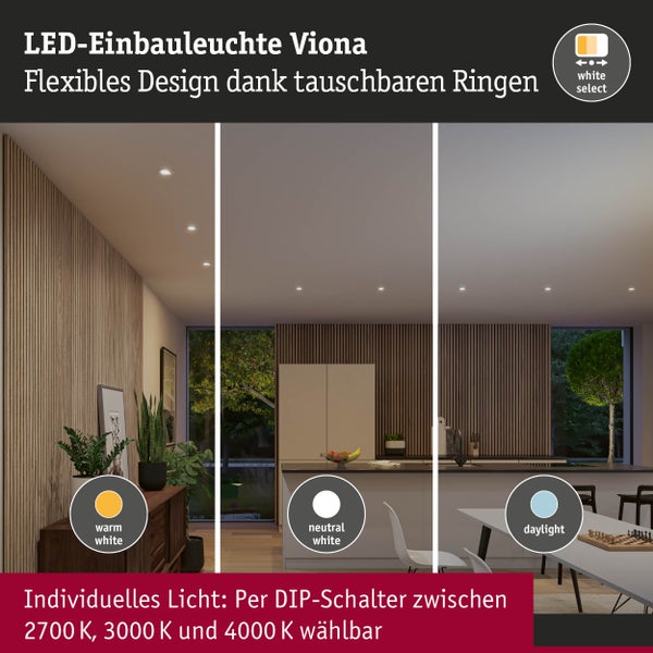 LED-Einbauleuchte Viona in Wohnbereich mit Lichtfarben von warmweiß bis tageslichtweiß, einstellbar zwischen 2700 Kelvin und 4000 Kelvin.