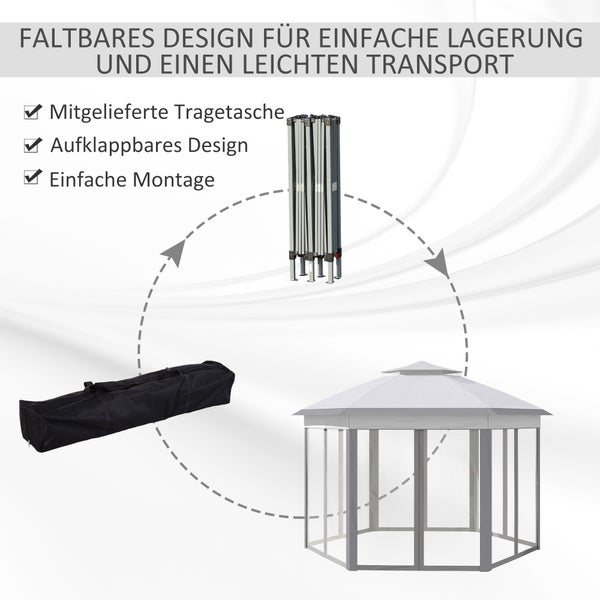 Outsunny Gartenpavillon Faltpavillon 4 x 4 m Pop-Up-Zelt Partyzelt inkl. Tragetasche 6 Seitenteile Doppeldach sechseckig Grau
