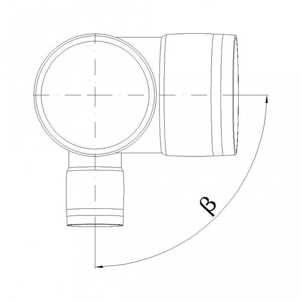 Technische Zeichnung eines Rohrverbinders mit einem 90 Grad Winkel.