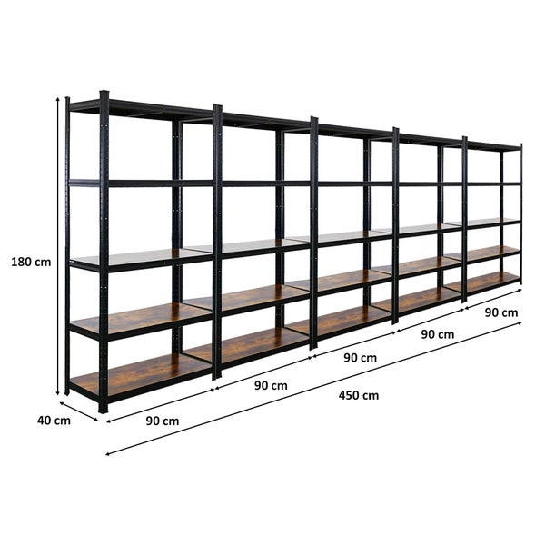 BERLINLODGE Mega Deal 5x Wohnregal Ragnar, HxBxT 180x90x40cm, Fachlast 100kg, Vintagebraun-Schwarz, Bücherregal, Standregal, Büroregal