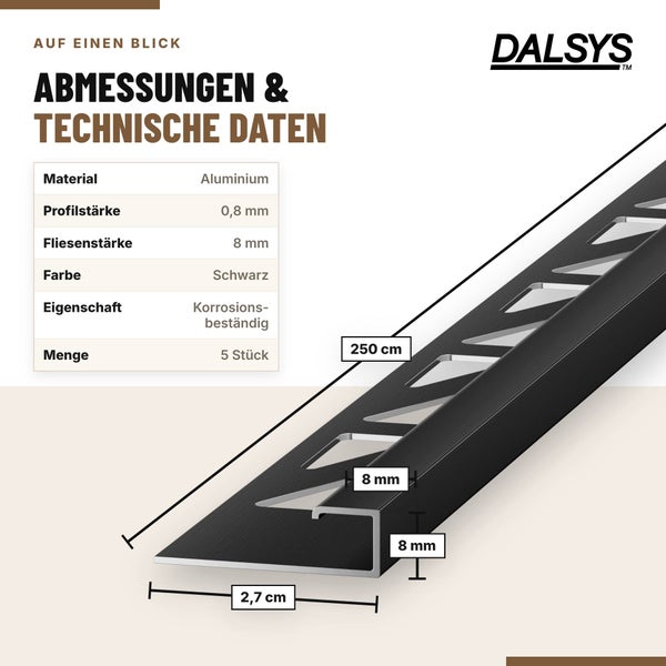 Dalsys Fliesenprofil aus Aluminium zur Kantenabdeckung, 250 cm lang, für 8 mm Fliesenstärke, 5 Stück.