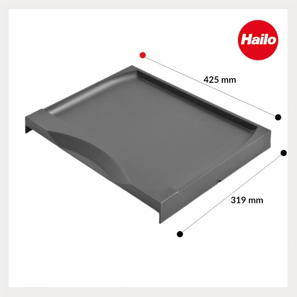 Hailo Schubladeneinsatz für die Küche mit Maßen 568 Millimeter Breite, 490 Millimeter Tiefe und 232 Millimeter Höhe sowie Hailo Logo.