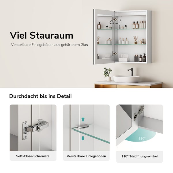 Spiegelschrank mit verstellbaren Einlegeböden aus Glas, Soft-Close-Scharnieren und einhundertzehn Grad Öffnungswinkel für das Badezimmer.