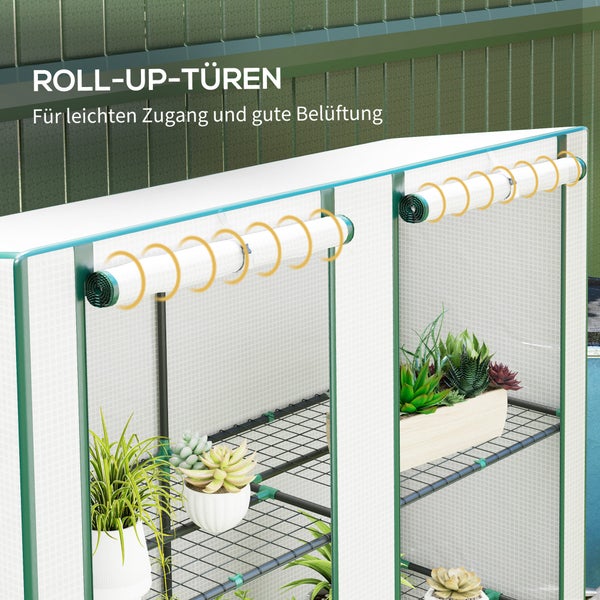 Outsunny Gewächshaus mit Pultdach Doppeltür, Regale, winterfest Foliengewächshaus aus Stahl, Treibhaus für Balkon, Garten, Tomatenhaus 144 x 48 x 152 cm, Tomatengewächshaus für Tomaten, Gemüse, Weiß
